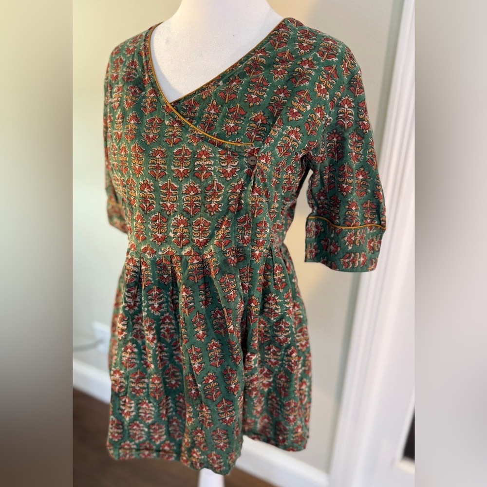 TAAVI Indian Wrap Top Tunic Blouse Block Print Floral Boho Festival Ethnic Small